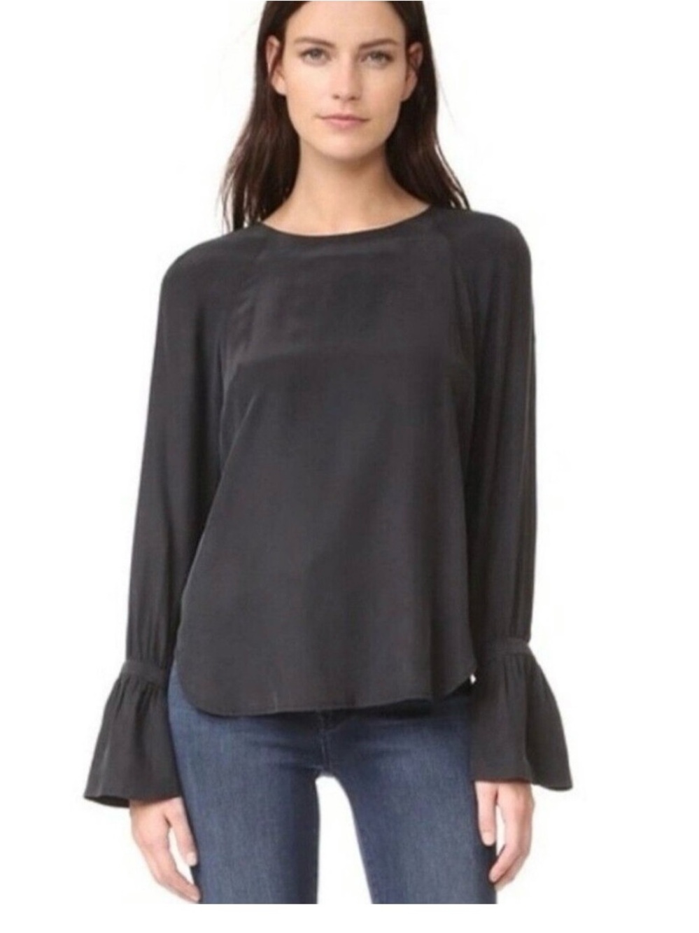 Frame Denim 100% Silk Long-Sleeve Ruffle Cuff Blouse in Navy